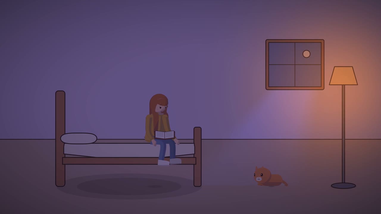 Ella on her bed at night by the light of a lamp, her cat on the floor