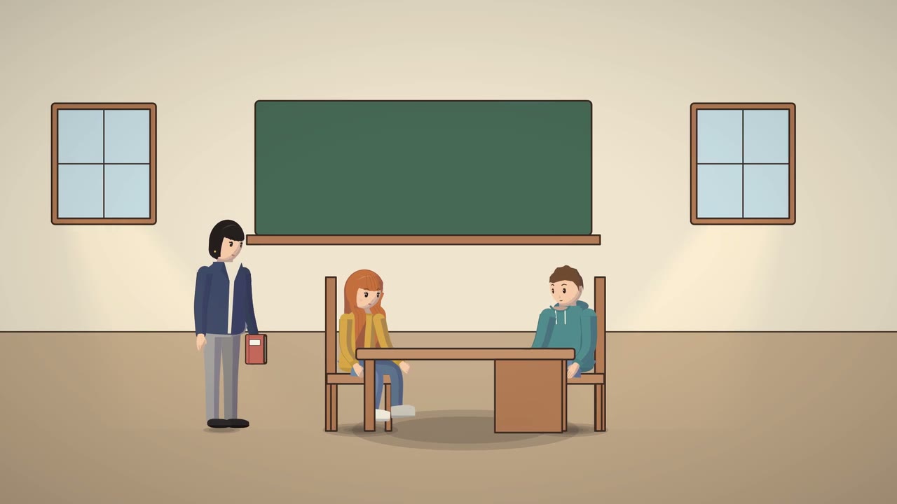 The classroom in daylight: Ms Mei at the front, Ella and Theo at their desks