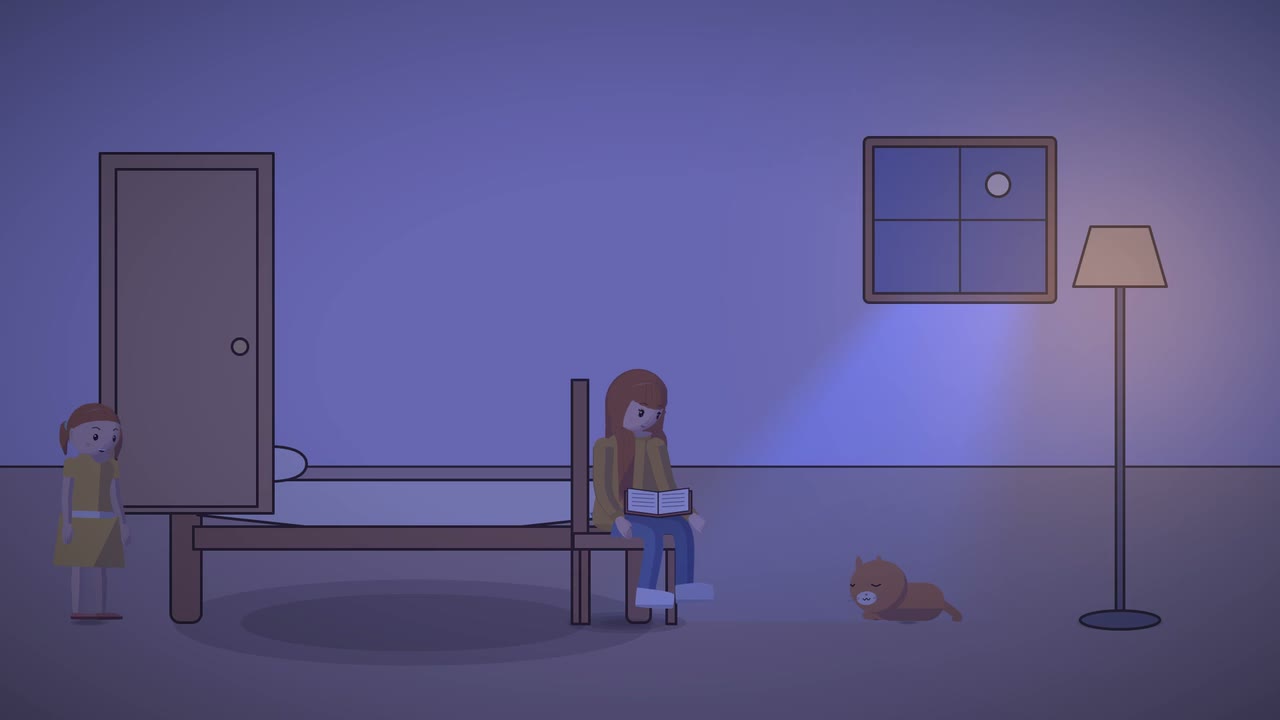 A moonlit bedroom: Mia listens at the door while Ella sits on the bed