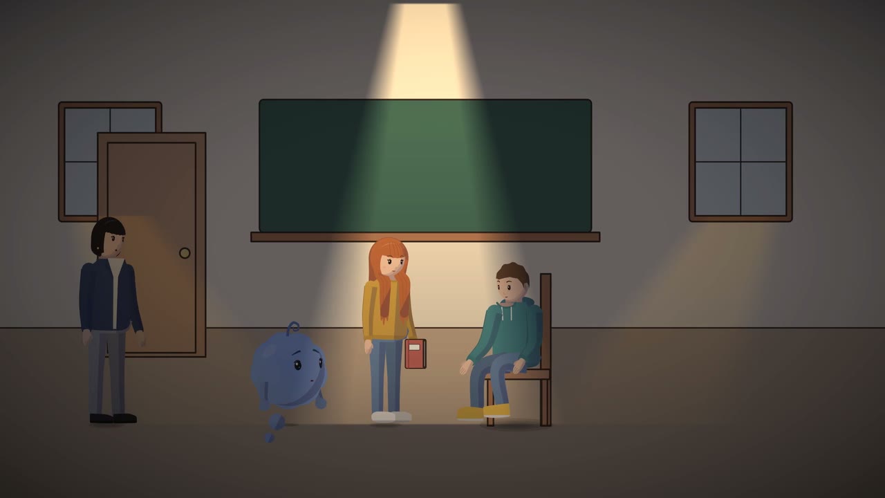 Ella stands at the front of the class in a spotlight, her mind floating beside her